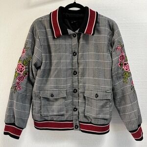 Guess LA Black White Plaid Button Bomber Jacket Size Large 16‎ Letterman Y2K